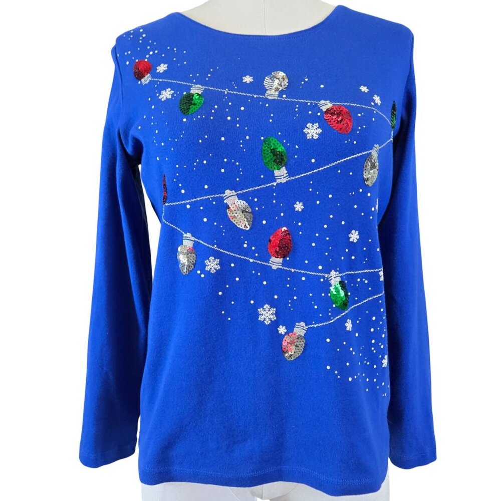 Karen Scott Holiday Christmas Knit Top Blue with Sequins Petite Medium